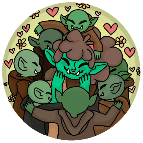 digital illustration of Broto being hugged by a bunch of oblin children