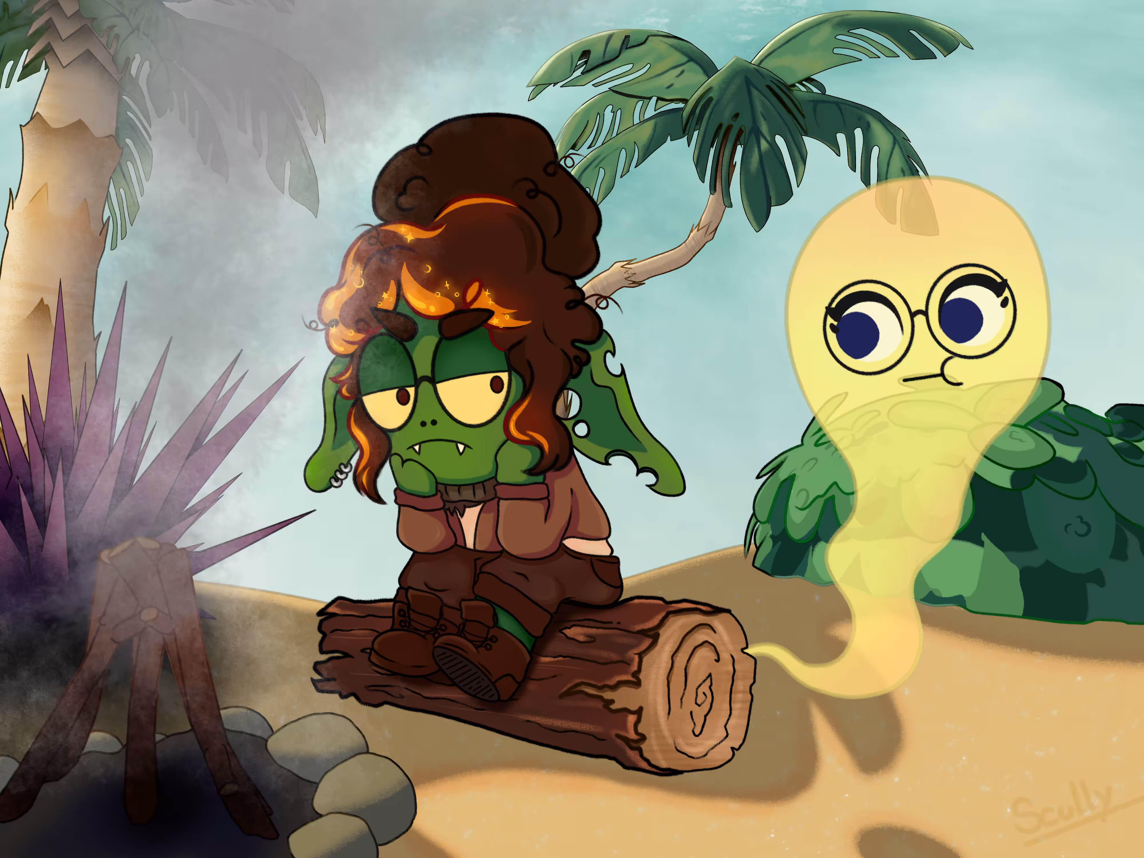 digital illustration of Broto in the style of Peak, looking very grumpy while scully appears in the form of a ghost