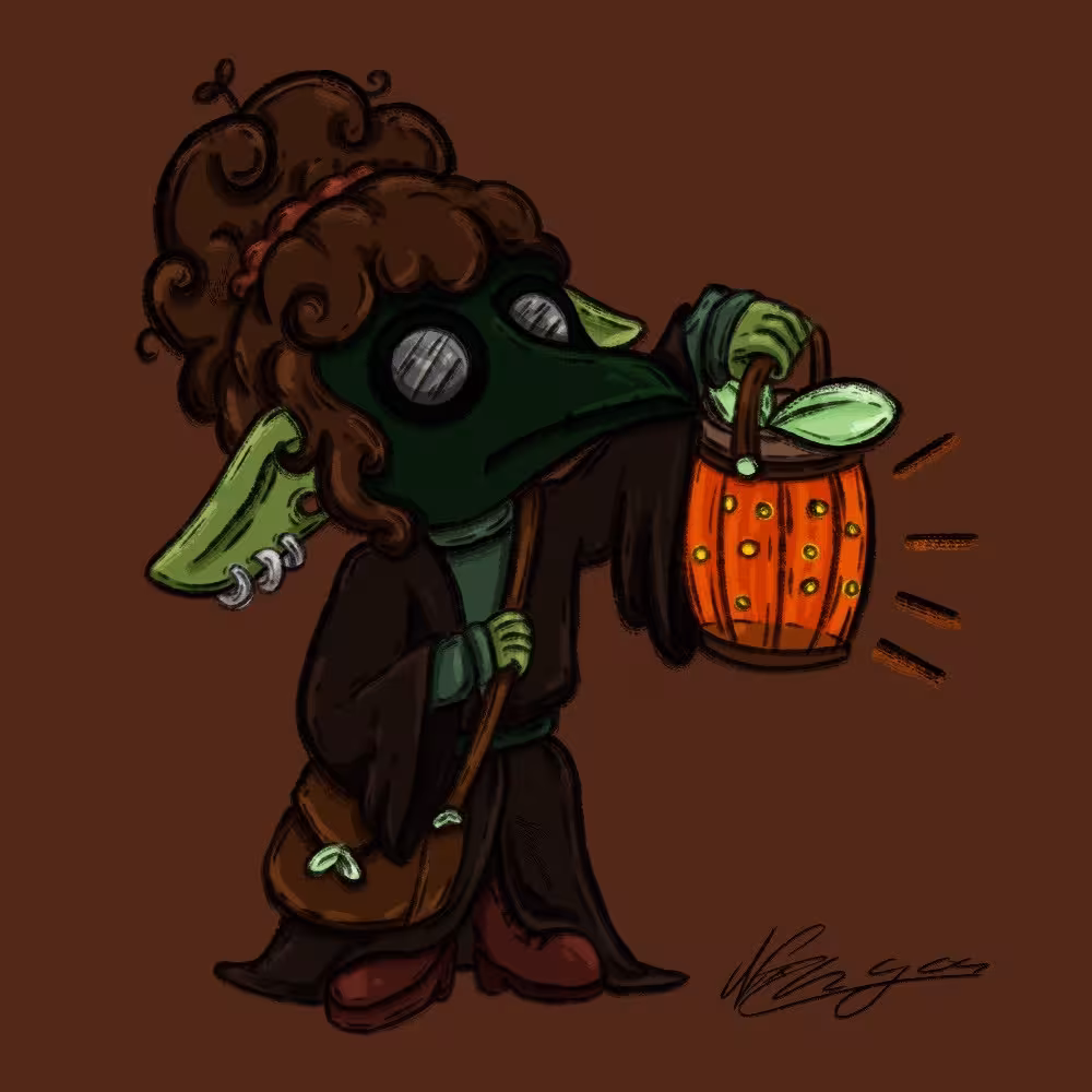 digital illustration of Broto as a plague doctor in chibi style