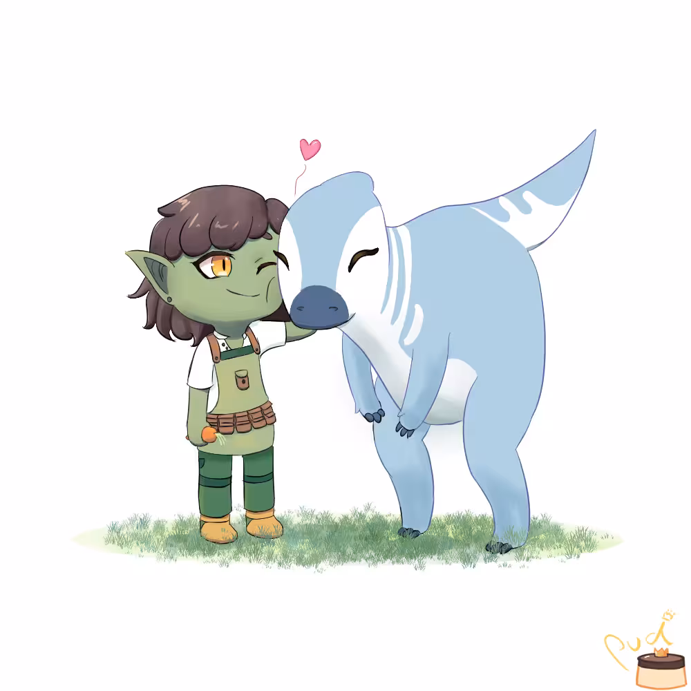 digital illustration of Broto patting a Parasaur as in Paleo Pines