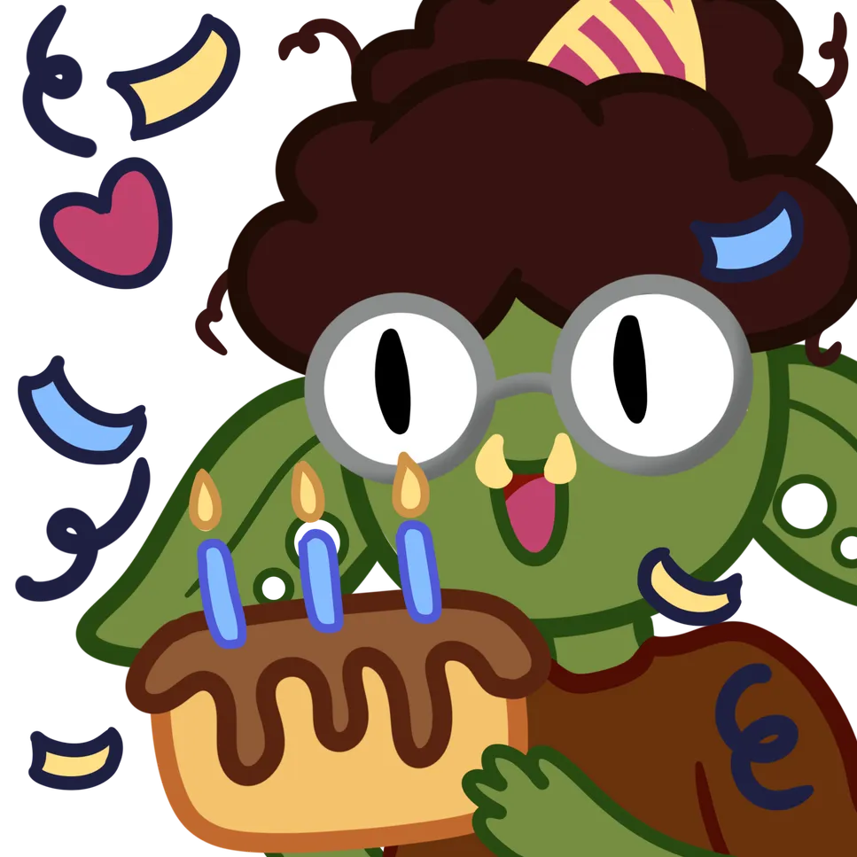 digital illustration of Broto holding a birthday cake in chibi style