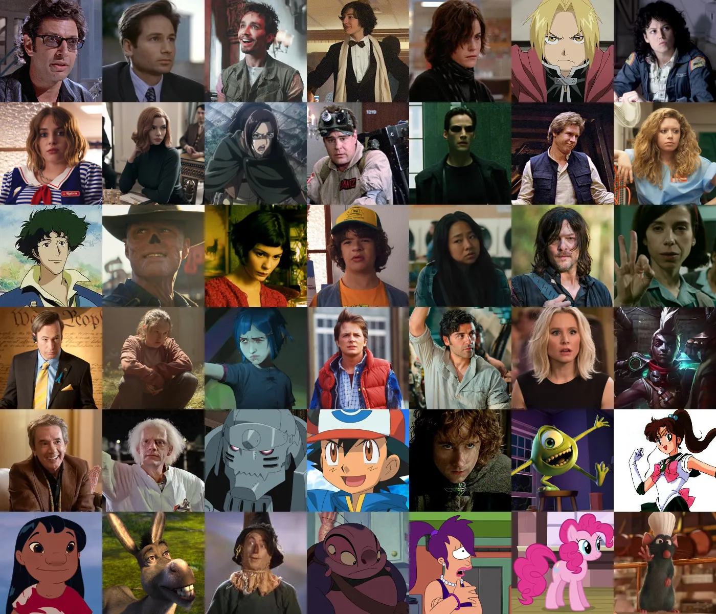 Characters assigned: Dr. Ian Malcolm (Jurassic Park), Fox Mulder (The X-Files), Klaus Hargreeves (The Umbrella Academy), Patrick Stewart (The Perks of Being a Wallflower), Allison Reynolds (The Breakfast Club), Edward Elric (Fullmetal Alchemist: Brotherhood), Ellen Ripley (Alien);
                    Robin Buckley (Stranger Things), Beth Harmon (The Queen's Gambit), Hange Zoe (Attack on Titan), Ray Stantz (Ghostbusters), Neo (The Matrix), Han Solo (Star Wars: Episode IV - A New Hope), Nicky Nichols (Orange is the New Black);
                    Spike Spiegel (Cowboy Bebop), Cooper Howard (Fallout), Amélie Poulain (Amélie), Dustin Henderson (Stranger Things), Joy Wang (Everything Everywhere All at Once), Daryl Dixon (The Walking Dead), Elisa Esposito (The Shape of Water);
                    Saul Goodman (Breaking Bad), Ellie Williams (The Last of Us), Powder (Arcane), Marty McFly (Back to the Future), Poe Dameron (Star Wars: The Last Jedi), Eleanor Shellstrop (The Good Place), Ekko (Arcane);
                    Oliver Putnam (Only Murders in the Building), Doc Brown (Back to the Future), Alphonse Elric (Fullmetal Alchemist: Brotherhood), Ash Ketchum (Pokémon), Pippin Took (Lord of the Rings), Mike Wazowski (Monsters, Inc.), Sailor Jupiter (Sailor Moon);
                    Lilo Pelekai (Lilo & Stitch), Donkey (Shrek), The Scarecrow (The Wizard of Oz), Dr. Jumba Jookiba (Lilo & Stitch), Turanga Leela (Futurama), Pinkie Pie (My Little Pony: Friendship Is Magic), Remy (Ratatouille)