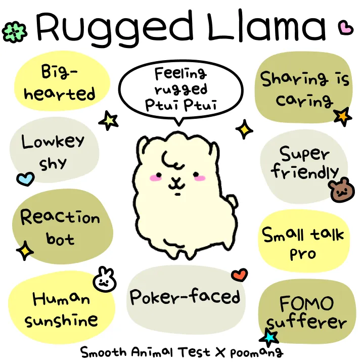 Rugged Llama. Big-hearted. Sharing is caring. Lowkey shy. Super friendly. Reaction bot. Small talk pro. Human sunshine. Poker-faced. FOMO sufferer.